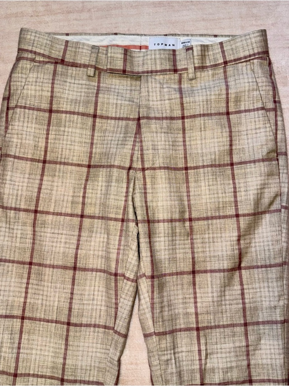 Topman Beige Plaid Dress Pants with Red Windowpane Trim - Picture 4 of 11